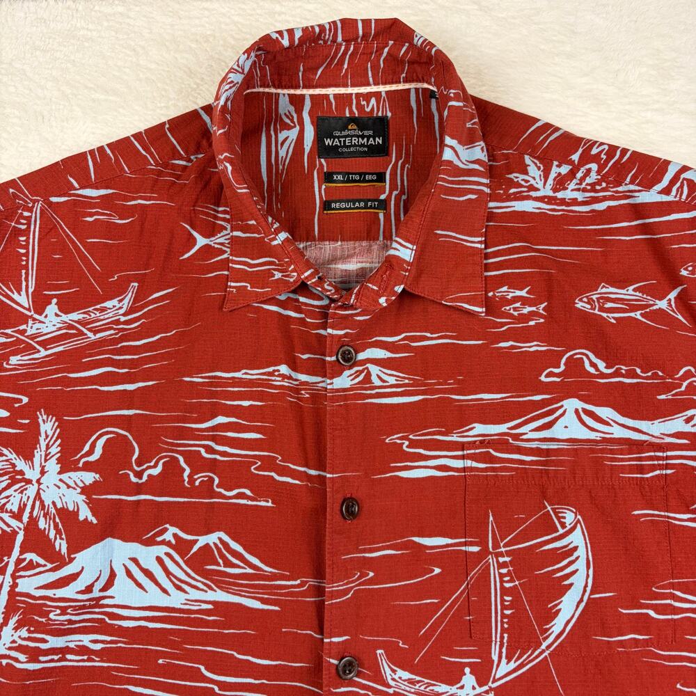 Quiksilver Waterman Men’s XXL Hawaiian Shirt Red Blue Tropical Fishing Aloha